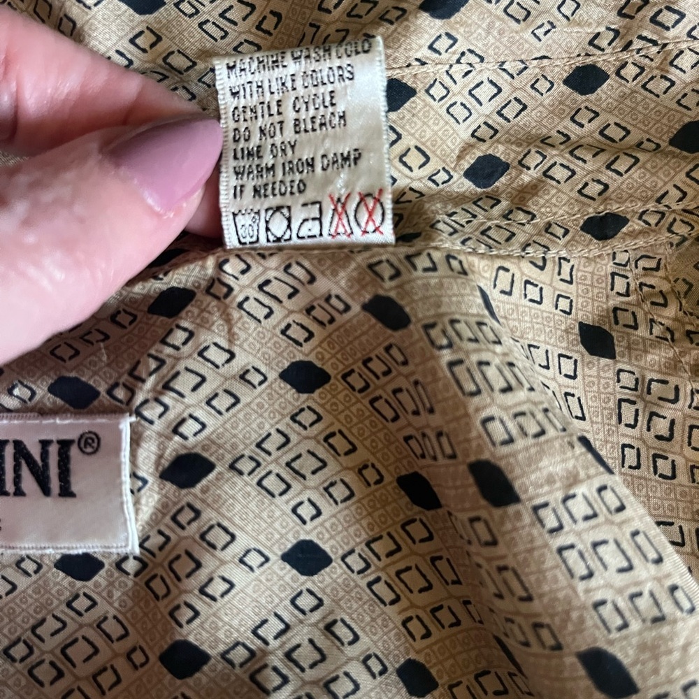 Vintage 90s Porcini Silk Shirt Mens L Tan Geometric Button Up Luxe Minimalist - Picture 9 of 9